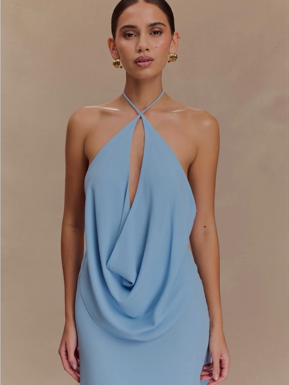 Meshki Light Blue Strapless Draped Halter Top